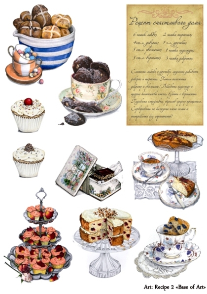 Декупажные карты Base of Art "Recipe", чай, пирожные, сладости, формат А4, купить